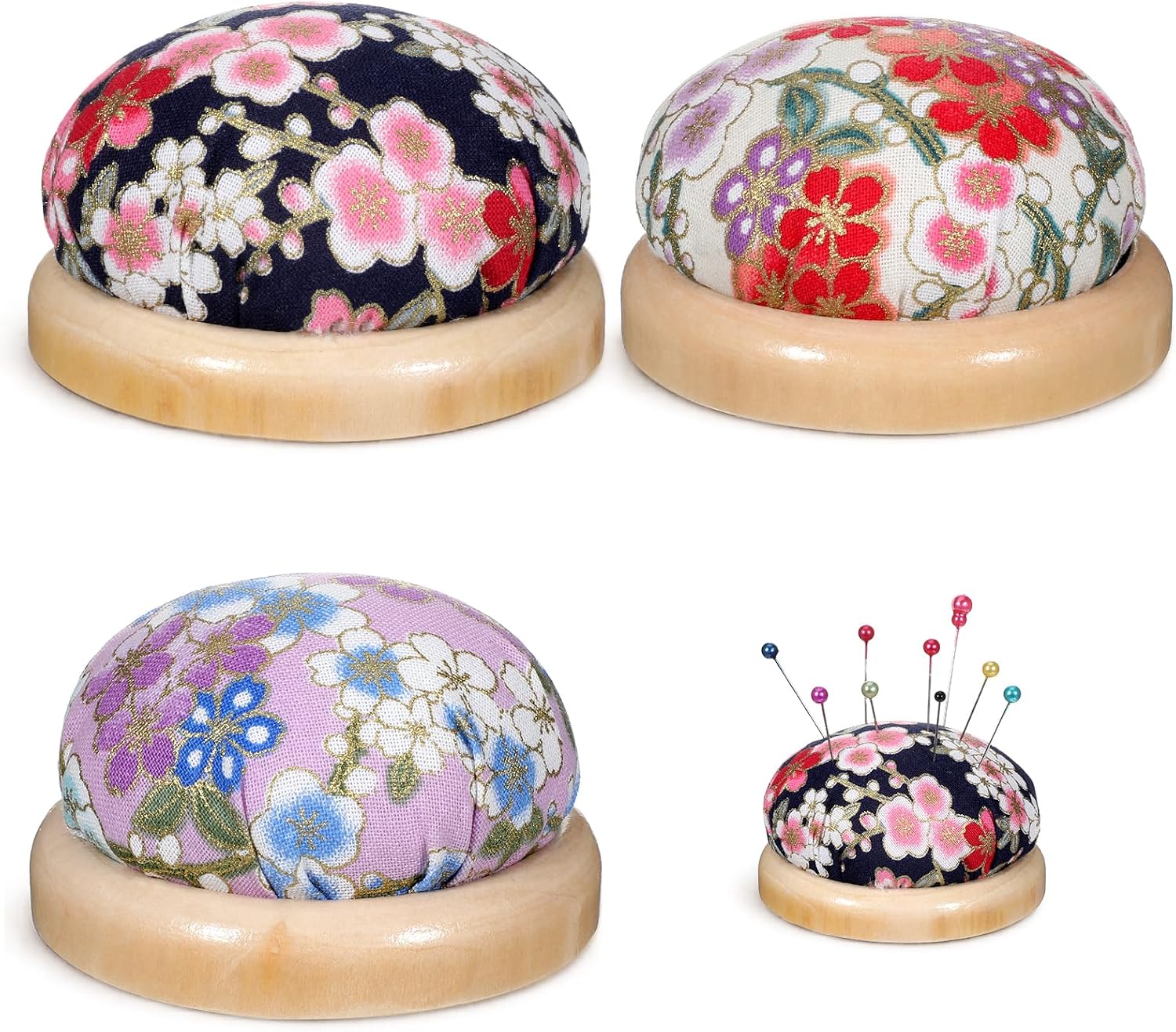 3 Pcs Pin Cushion Japanese Style Pincushions Wooden Base Cute Needle Pincushions Pin Holder for Sewing Quilting Embroidery and DIY Crafts Includes White Black and Purple Patterns
