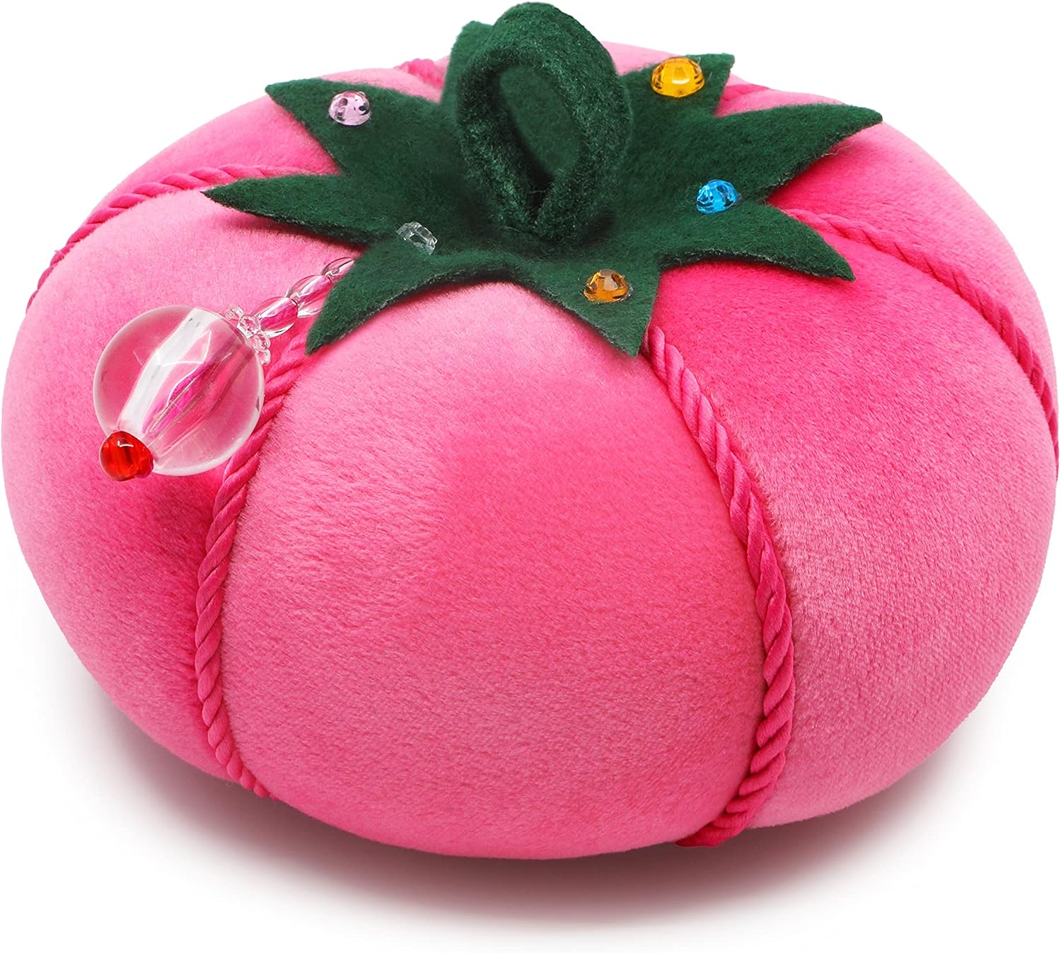Dritz Tomato Pin Cushion – Large 5″ Pink Velvet Sewing & Quilting Pincushion with Rhinestone Accent – Holds Long Pins & Needles